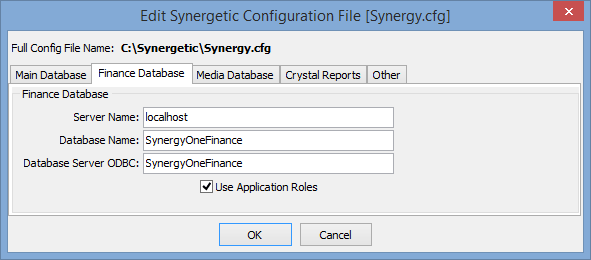 Edit Synergetic Configuration File [Synergy.cfg] window - Finance Database tab